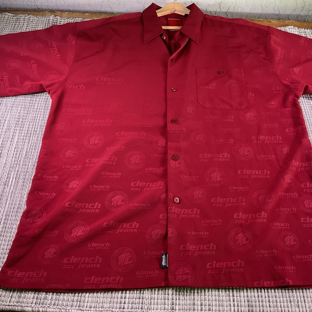Clench 701 Jeans Mens XXL Red All Over Logo Short Sleeve Button Down Shirt Y2K